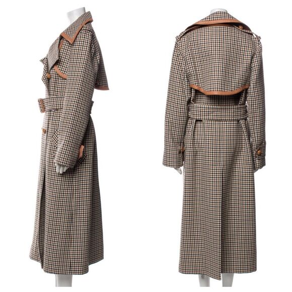 Nina Ricci Trench Coat Heritage Checkered Printed Wool Leather Trim Belted 42 - Picture 4 of 13